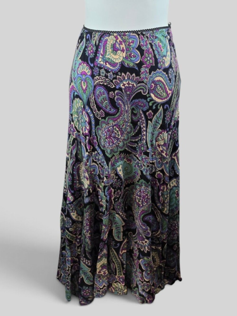 Lola P Black Purple Paisley Print Rayon Midi Skirt Size Large